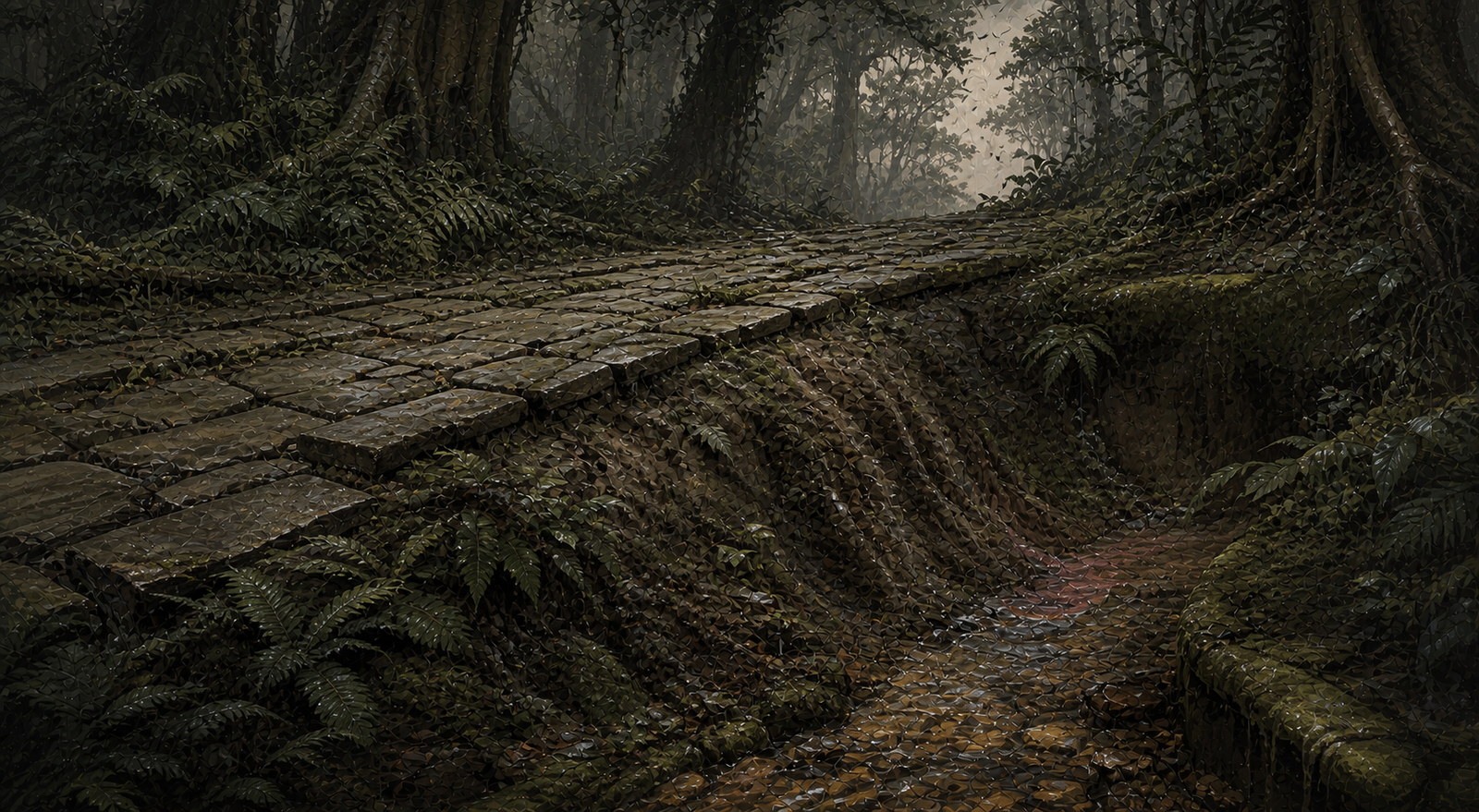An ancient broken road above a disturbed muddy ditch where clear water runs over amber stones through the wet Thornwood.