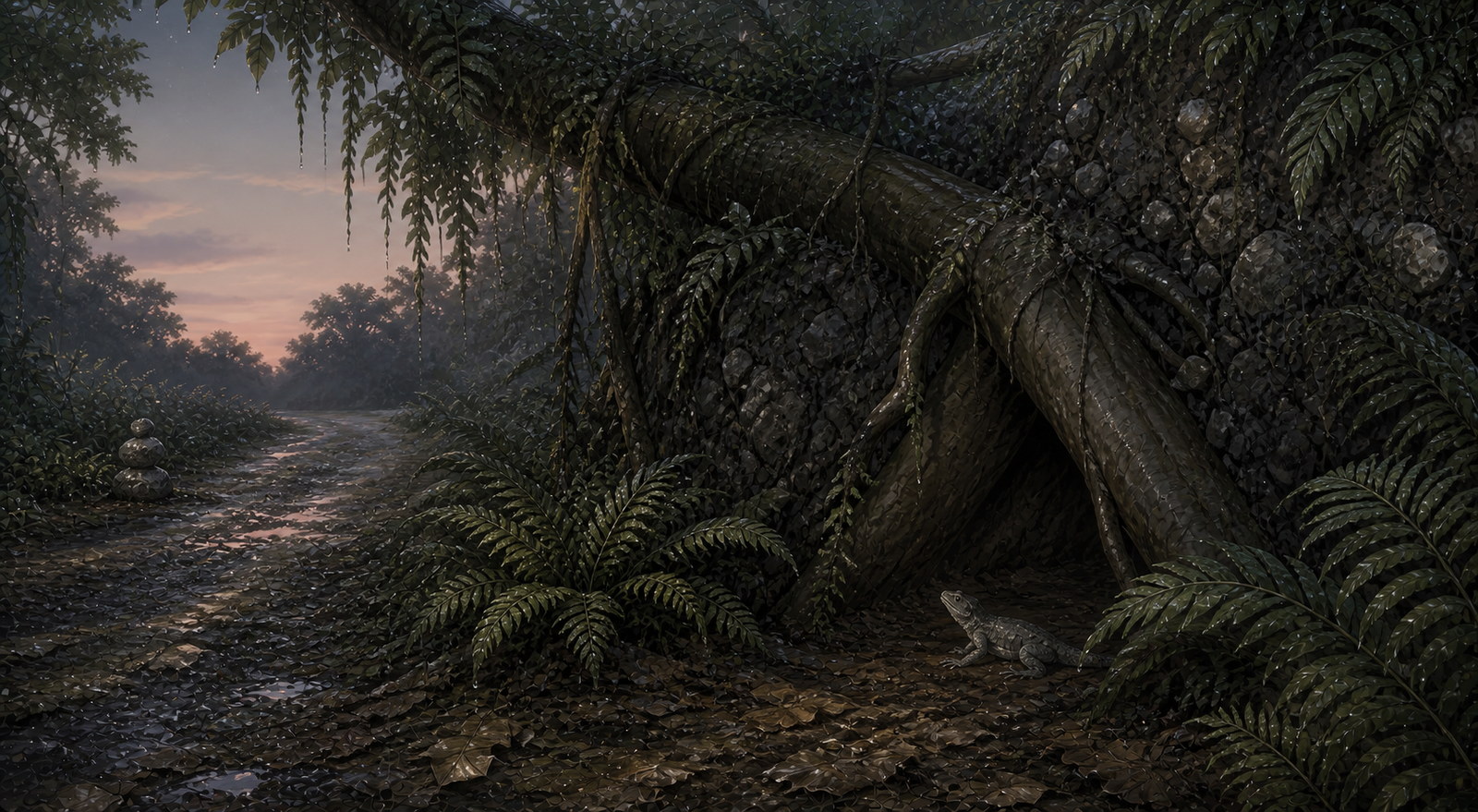 A narrow shelter beneath the roots of a windthrown tree, marked from the old road by three pale stones while a grey lizard watches.