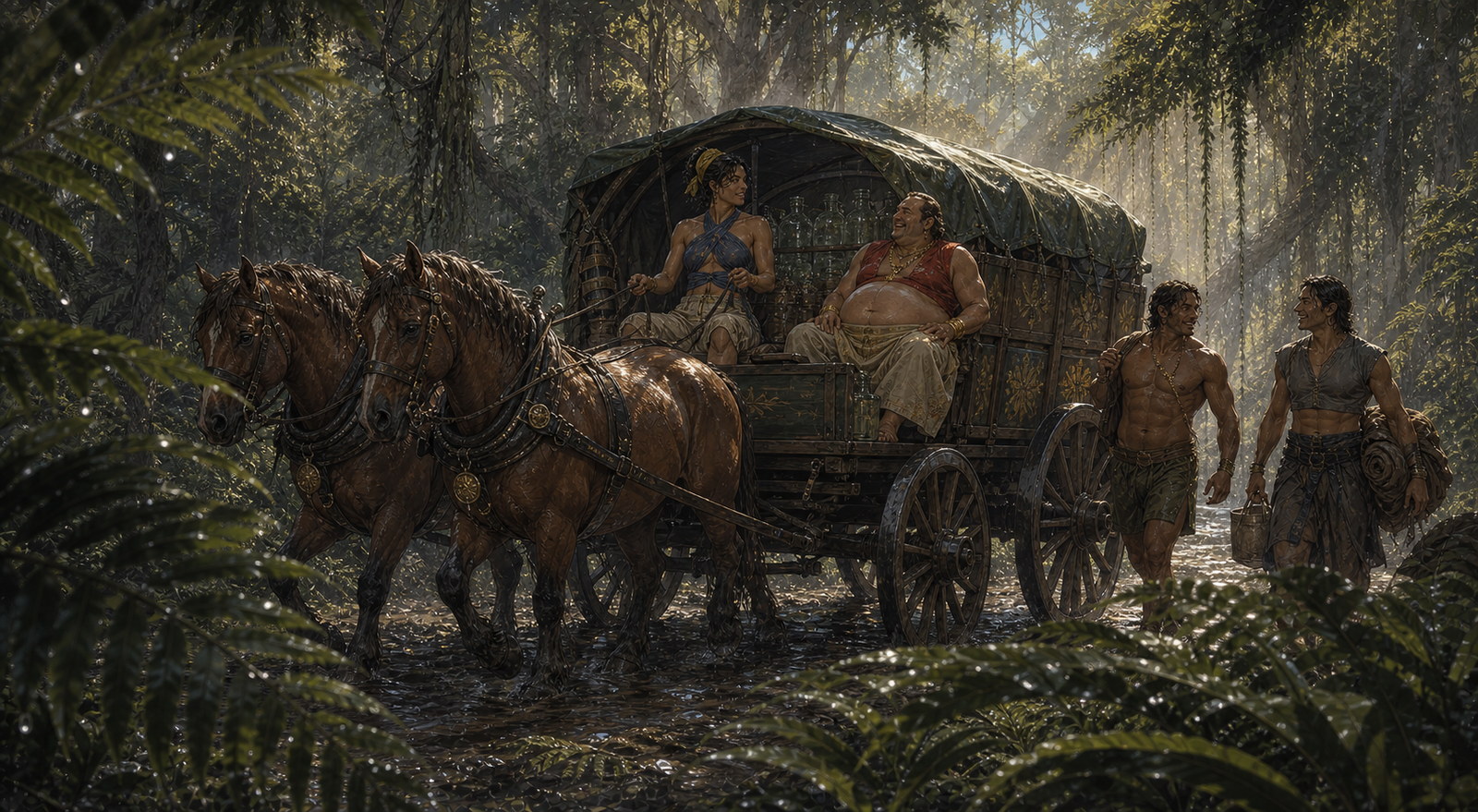 A green-roofed merchant wagon drawn by two chestnut horses passing through the Thornwood with its driver, prosperous passenger, and two workers dressed for the heat.