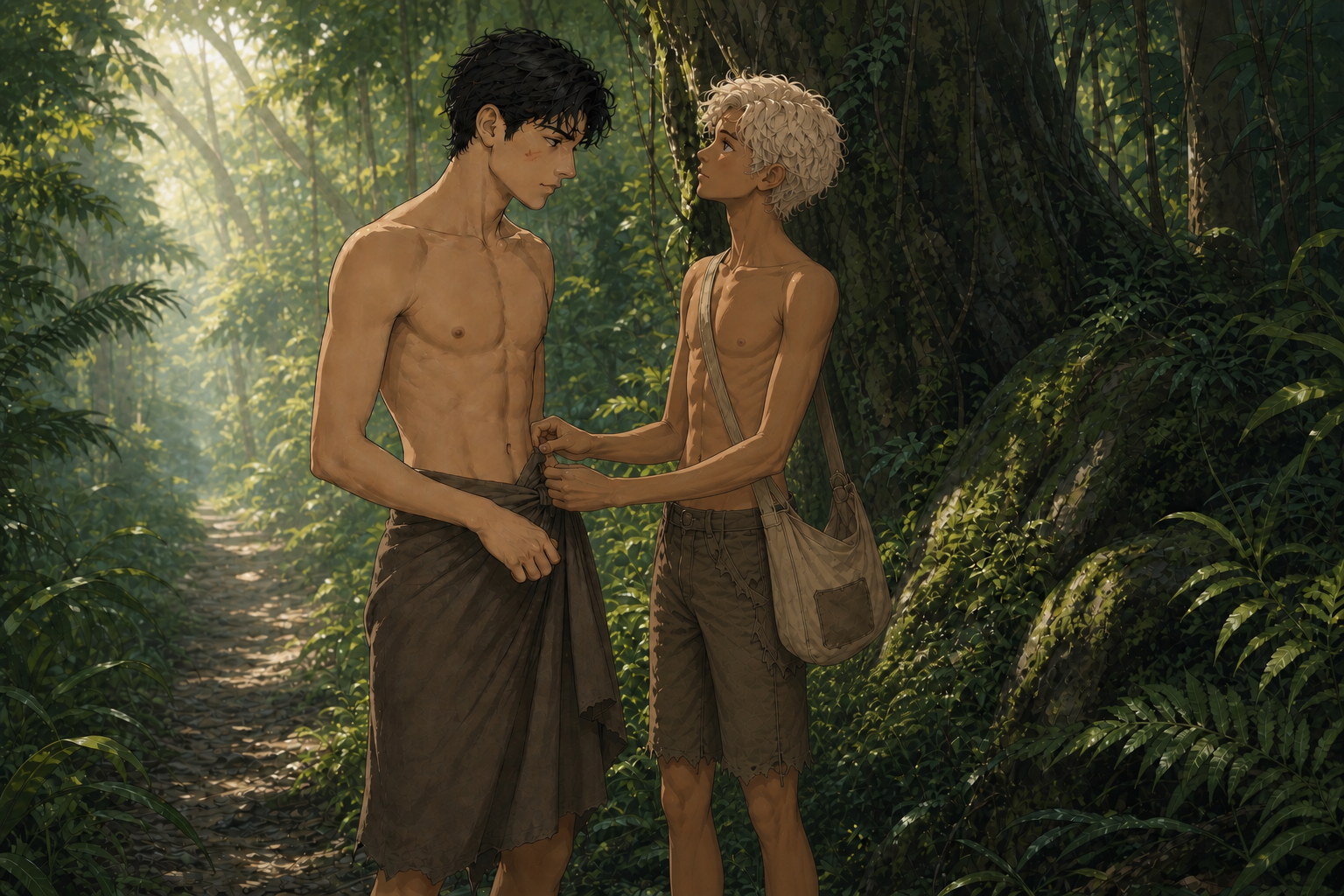 Caleo carefully finishes tying his worn brown cloak around Jack as a sarong on the green Thornwood road.