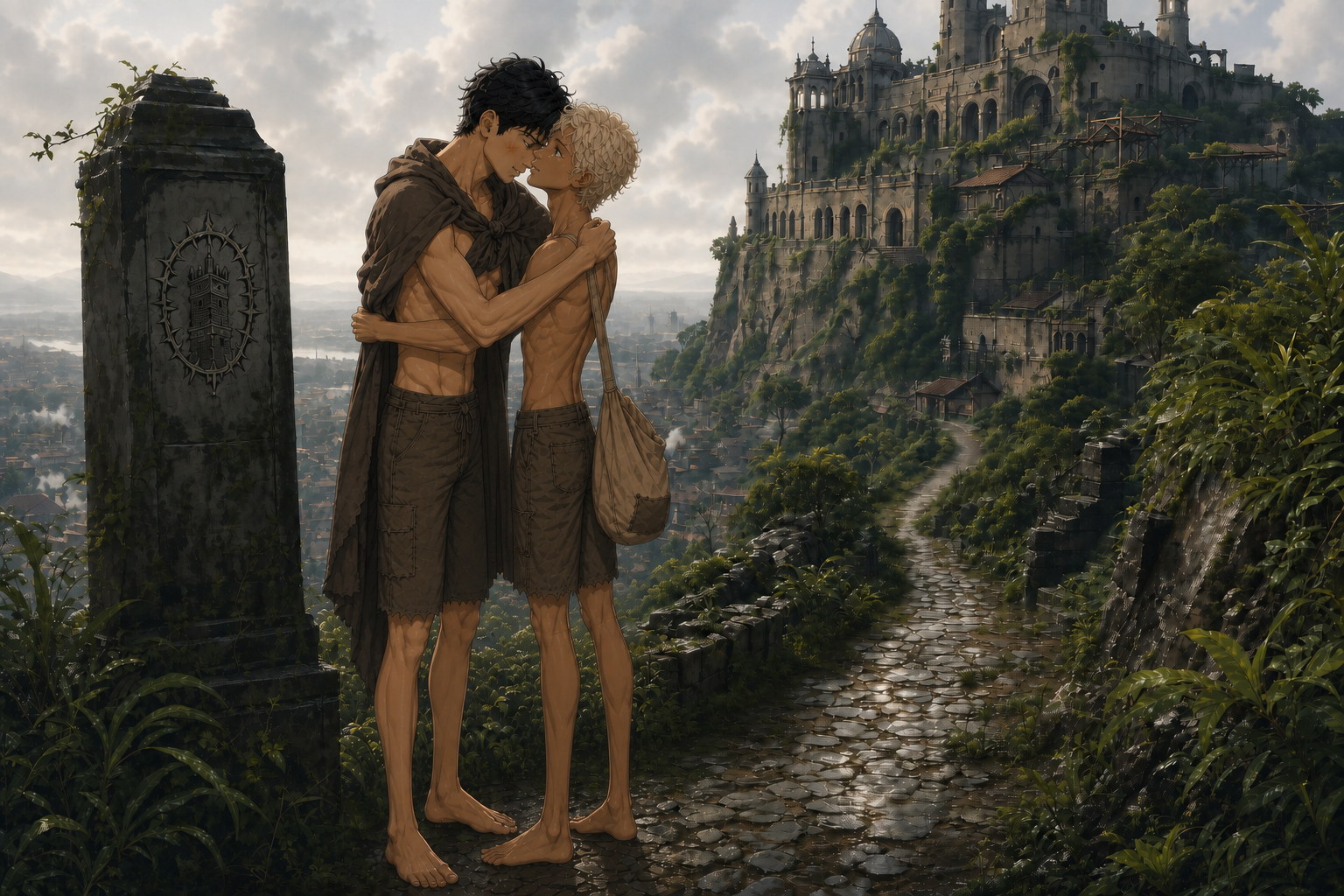 Jack hugs Caleo too tightly beside Thornfield's weathered crest pillar, with Briartown below and the old fortress Academy above.