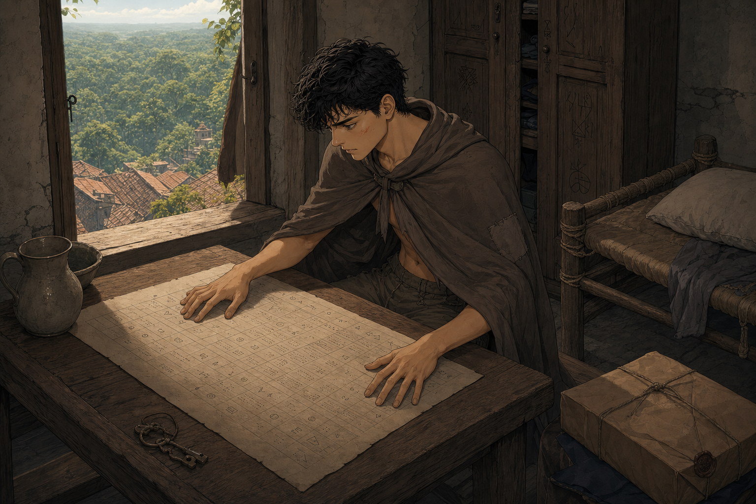 Jack studies an unreadable ruled schedule at the desk in his plain private room while Briartown and the Thornwood fill the window beyond.