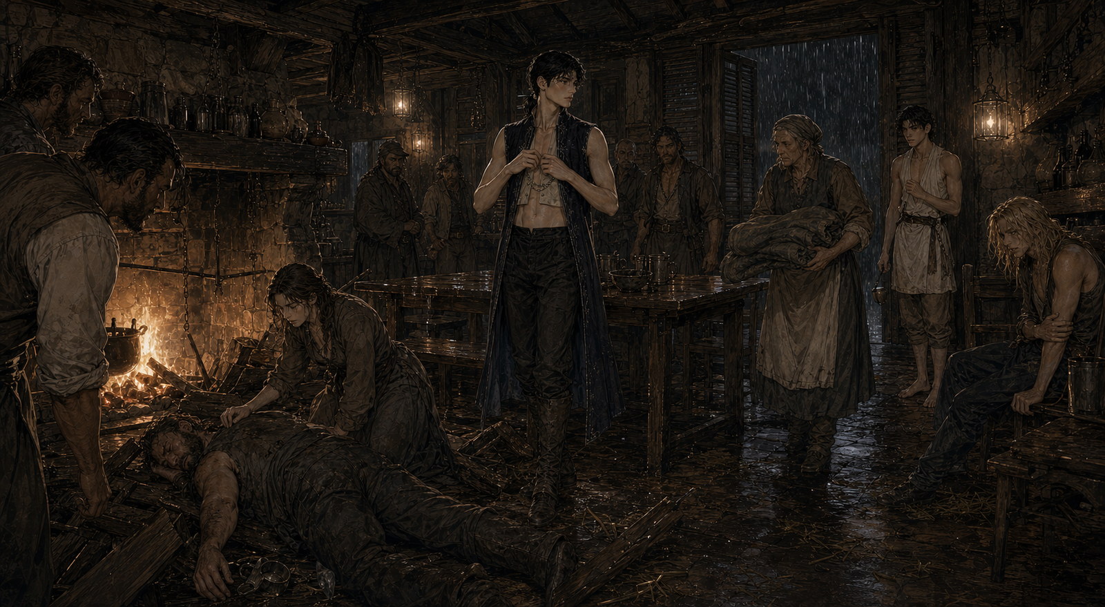 The dead boy calmly straightening his silver chain while villagers tend the unconscious Orren and the bruised Ethan watches from beside the wall.